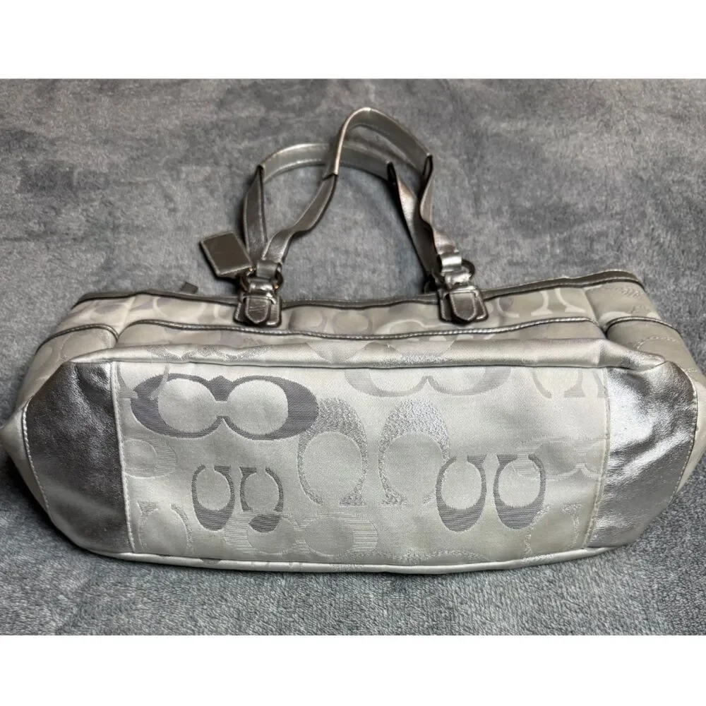 Coach Silver Metallic Signature Jacquard Tote Shoulder Bag Pink